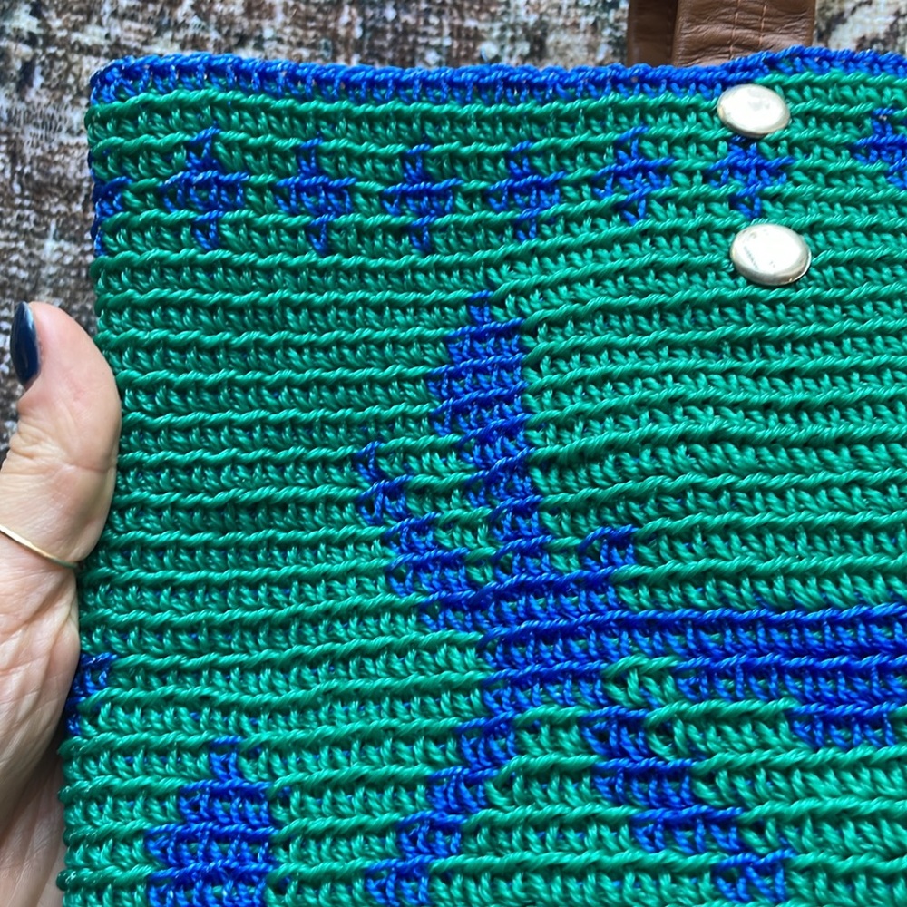 Blue Green Woven Tote Bag | Beach Shoulder Bag Boho Summer Market Purse - Picture 4 of 5